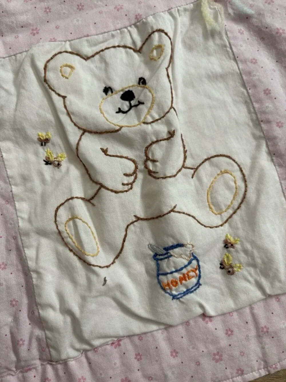 Vintage Handmade Baby Quilt Pink & White Embroidered Animals Flowers